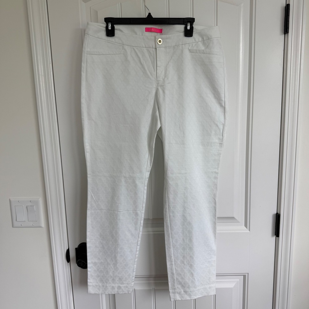 Lilly Pulitzer Kelly White Jacquard Ankle Pants Sz 14 Geometric Quatrefoil 20243 - Picture 2 of 7